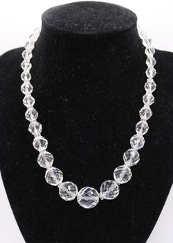 Vintage Sterling Silver Graduated Glass Ball Necklace with Elegent Rhinestone Clasp 16”
