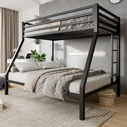 Twin over Full Size Metal Bunk Bed with Removable Ladder, Full-Length Guardrail, Black