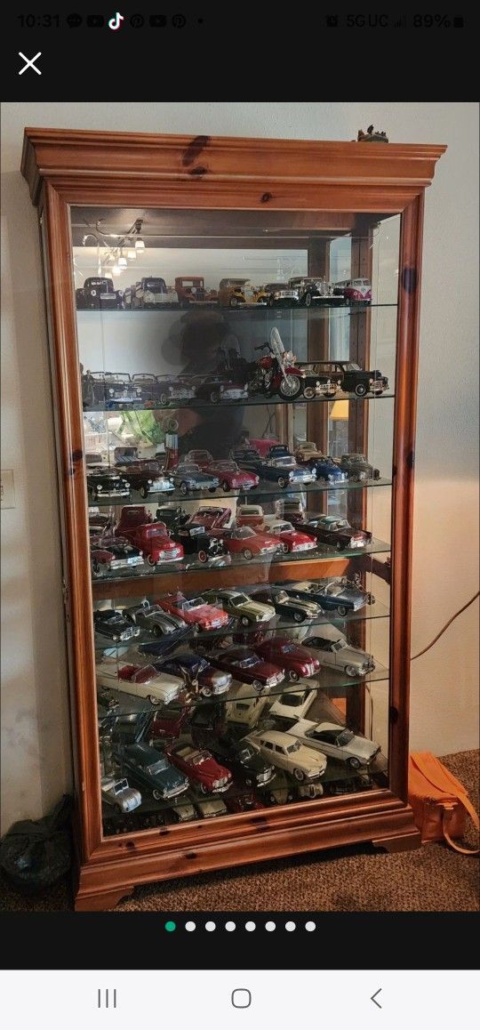 Wooden Glass Cabinet & Metal Die Cast CARS