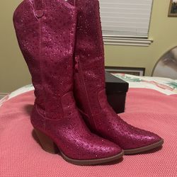 Fuchsia Pink Rhinestone Knee High  Pull-up Boots Pointed Toe