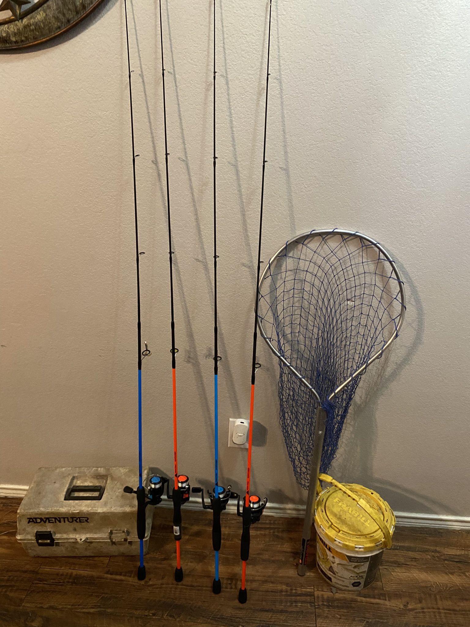 4 Fishing Rods Poles Reels Net Tackle Bucket