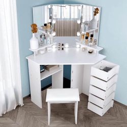 New white Corner Vanity Desk With Lights