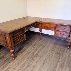 Brown Wood Corner Desk with Leather Too
