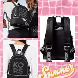 New Michael Kors Rhea Zip Backpack Logo Front Polyester Bag Black White Silver 