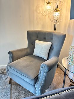 Tufted Grey Velvet Wingback Accent Chair