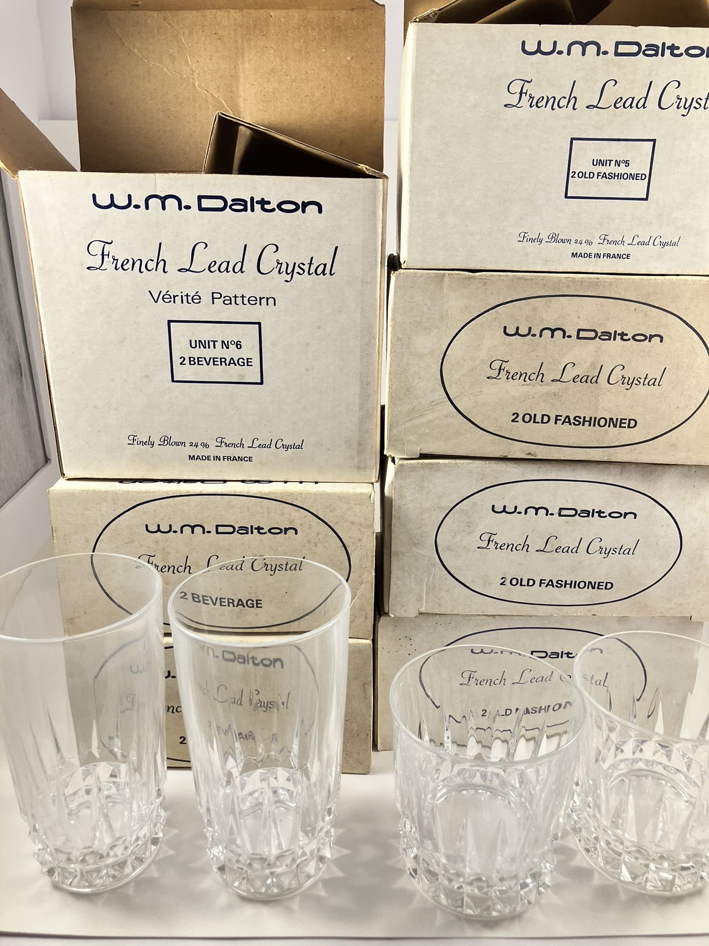 14-Piece Vintage W.M. Dalton French Lead Crystal Glassware Set – 7 Sealed Boxes – $185
