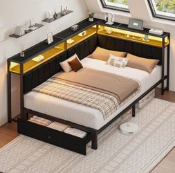 Twin Corner Bed Frame with Storage Drawers, Modern Daybed with LED Lights and Charging Station, Metal Twin Platform Bed Frame with Linen Upholstered G