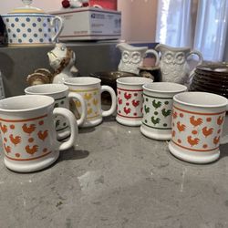 Set Of 6 Fun Colorful Rooster Coffee Cups