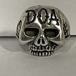 Sterling Silver Skull Ring DOA Engraved On Forehead, Biker Jewelry 24.8 Oz Men’s 13 1/2