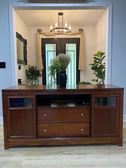 Beautiful accent credenza Solid dark Cherry Wood 64”x21” Great for living room area