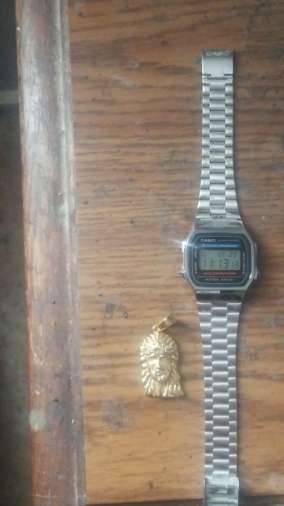 Casio digital wristwatch/Necklace pendant 14k gold plated "jesus piece"