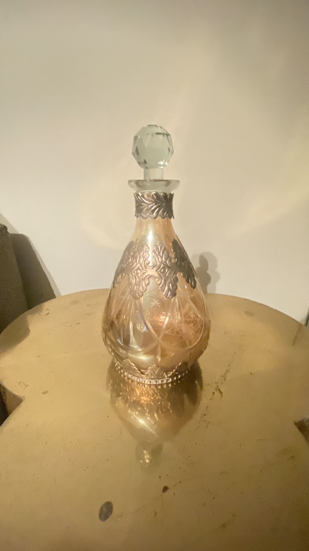 Antique Amber Glass Etched Decanter Bottle