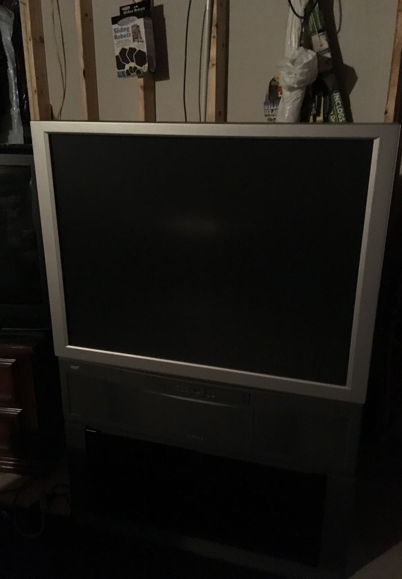 Hitachi 43 inch projection tv with custom stand that houses other electronics