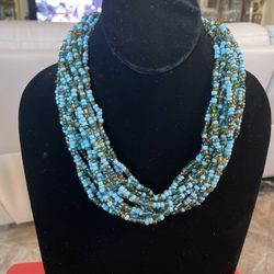 Beautiful 15 Strand Twisted Glass Turquoise Beaded Necklace