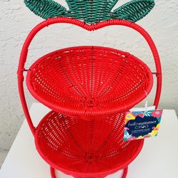 Ciroa Hello Summer Strawberry fruit 2 Tier Resin Wicker Basket Serving Tray Stand