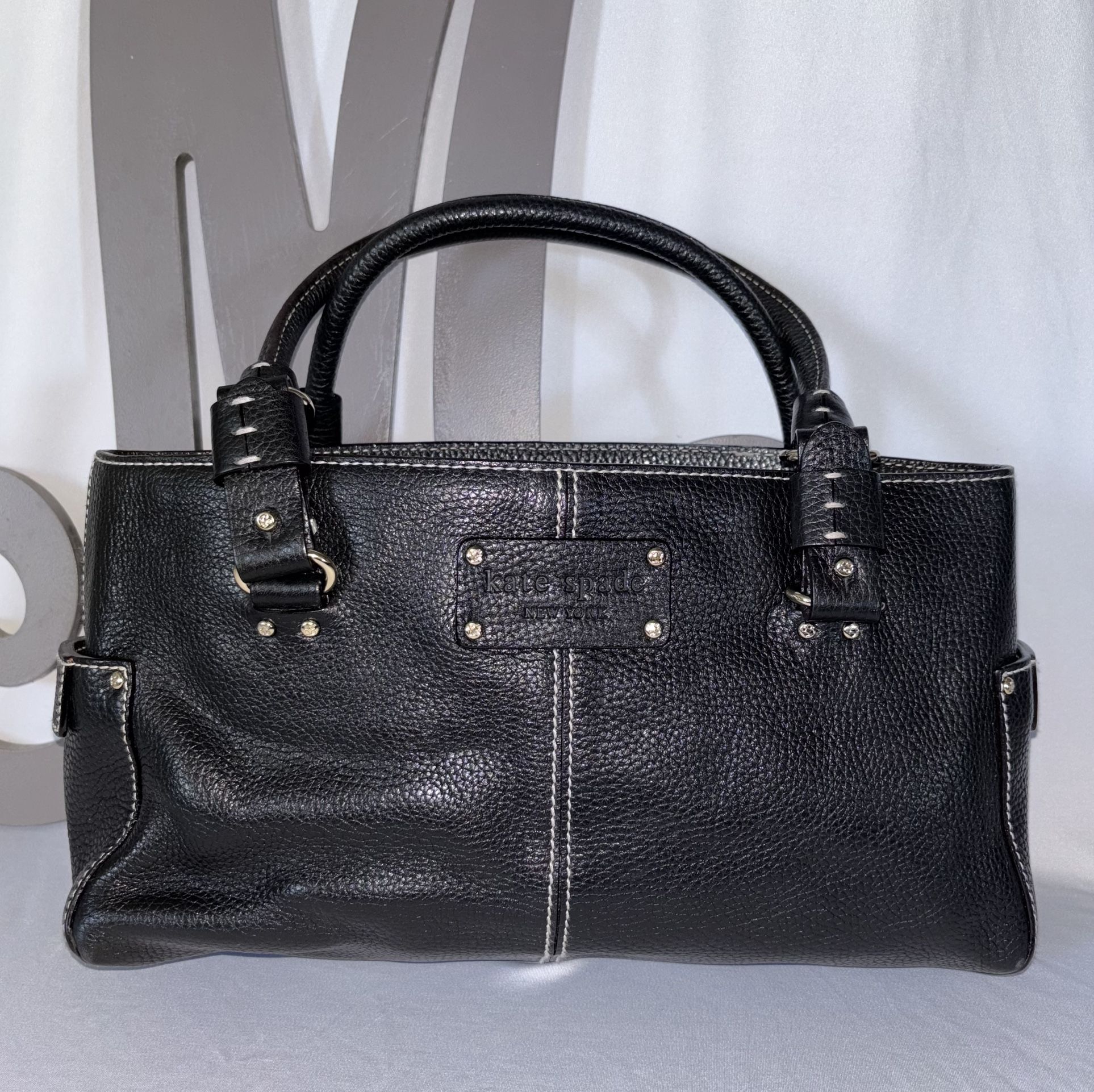 *KATE SPADE* Black Leather Top Handle Satchel W/ Accent Stitching and Silver Hardware.