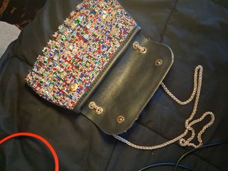 Rhinestone Embellished Black Clutch with Chain Strap