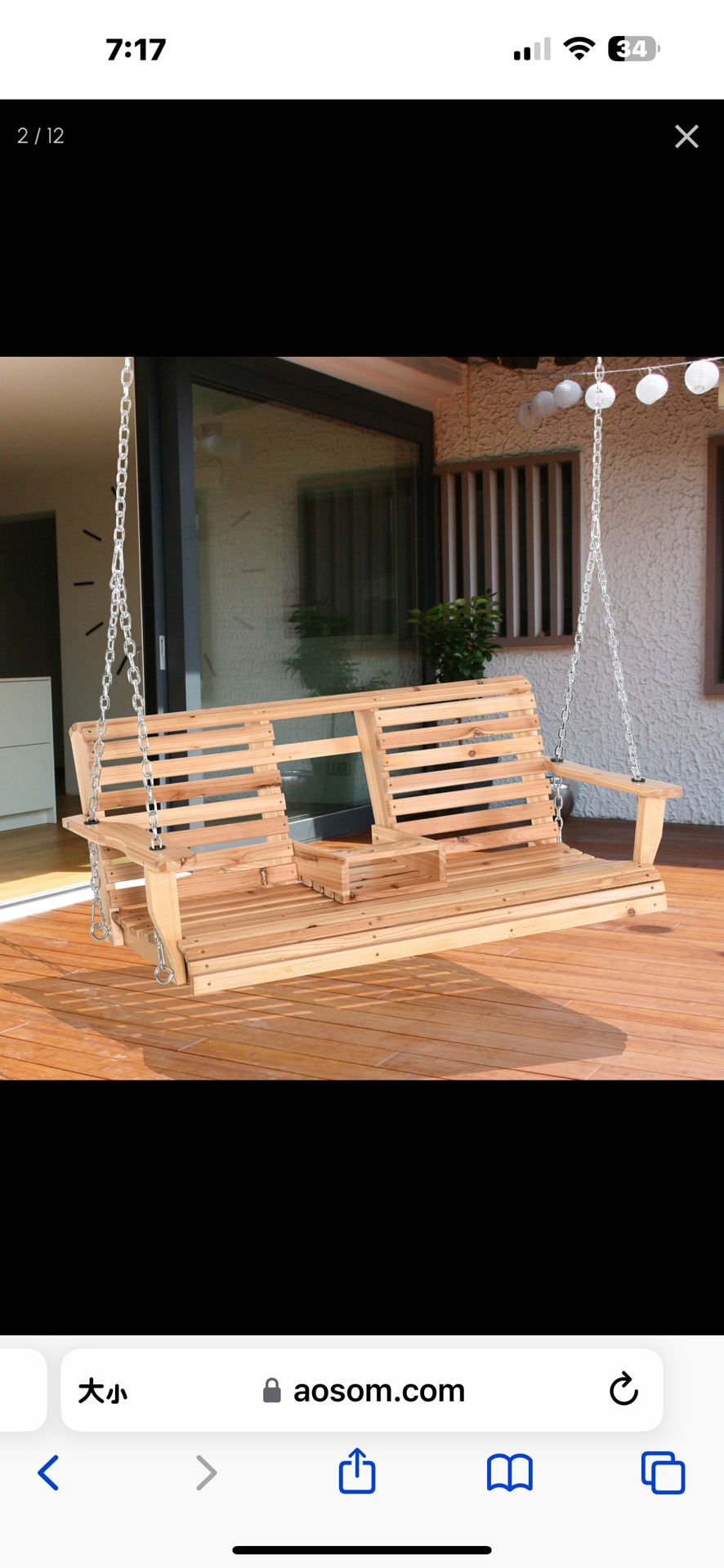 New in box Outsunny 3-Seater Wooden Porch Swing, Patio Swing Bench with Folding Coffee Table, Cup Holders and Chains Included, 440lbs Weight Capacity,