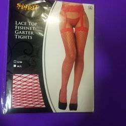 Red Fishnet Lace Top Garter Thigh Highs