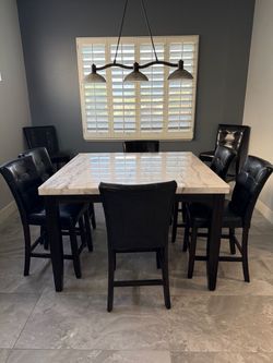 Marble Top Dining Table, 6 Chairs + Matching Bar & 2 Stools