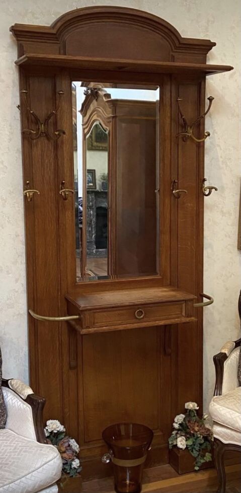 Antique Victorian Hall Tree/Wood & Brass with Mirror, Planters, Umbrella Stand & Storage Drawer