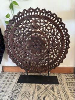 Carved wood mandala - Large mounted on stand