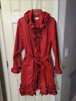 Red Ruffle Trim Belted Trench Coat