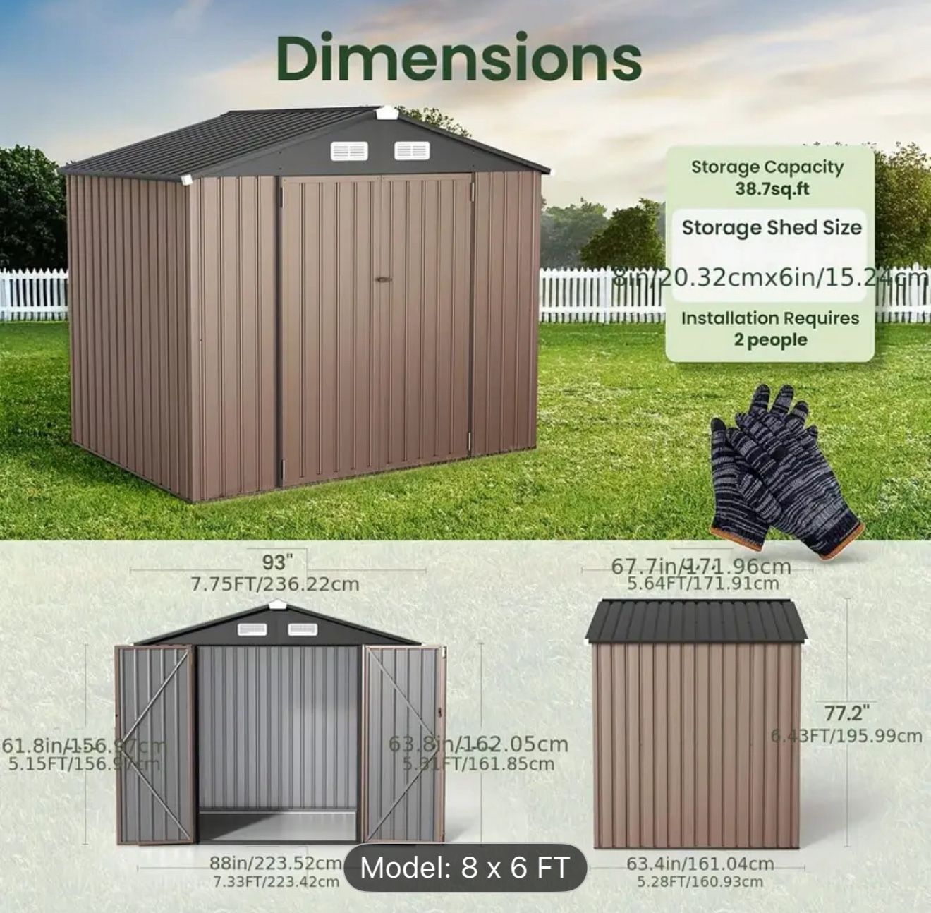 Metal storage shed 8x6ft water resistant with lockable doors