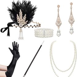 BABEYOND 1920s Flapper Gatsby Costume Accessories Set 20s Flapper Headband Pearl Necklace Gloves Holder