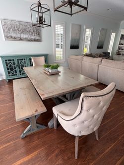 Rustic Farmhouse Trestle Dining Table Set with Benchesss and Chairs