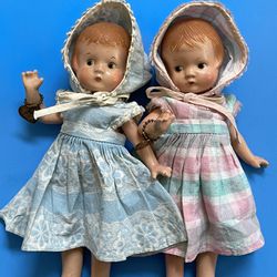 Antique 1930’s Effanbee Patsyette Doll Pair With Rare Original Metal Wrist Tags