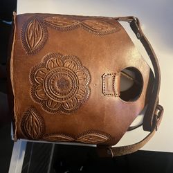 Handmade Mexican Leather Bag Brown Floral Design Unisex One Size