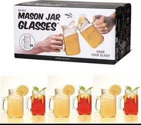 NEW. Mason Jar Glasses with Handles | Set of 6 | 16 Oz | Includes Lids I Dishwasher Safe Drinking GI