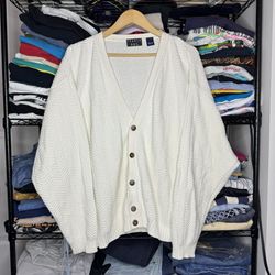 Vintage 90’s Trader Bay White Knitted Cotton Cardigan Sweater Sz Large