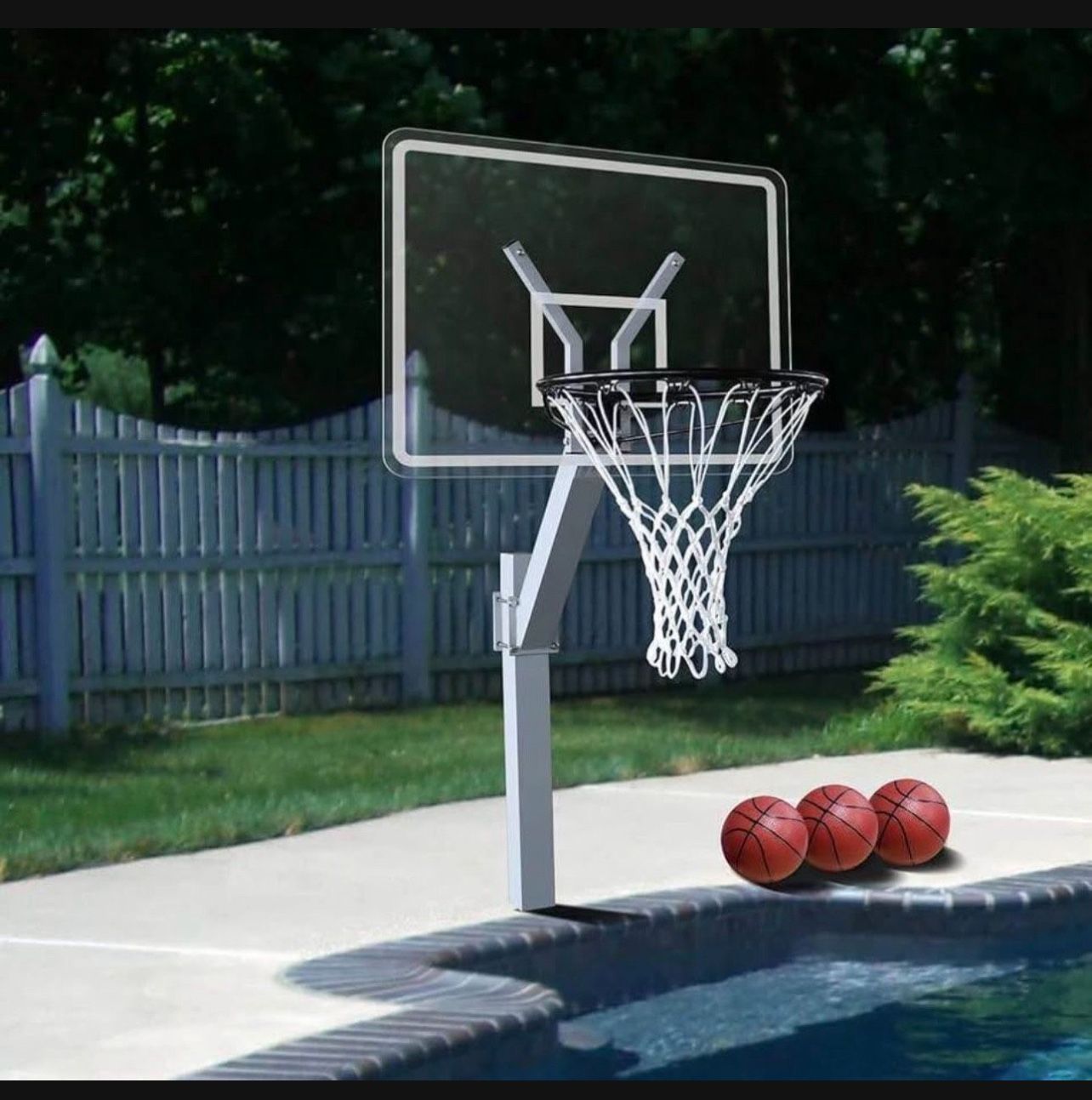 New in a sealed box Katop Swimming Pool Basketball Hoop Set with Standard 18"' Rim, Made of Aluminum Alloy, 3 Balls, 2 Colors, Adjustable Height, Deta