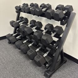 Rubber Hex Dumbbells Set 5-50LB + Rack – Quality Gym Equipment