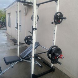 Power Cage With Adjustable Bench Olympic Bar And Olympic Weights Set 