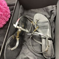 Saint Laurent YSL Logo Heel Sandals - Black & Gold - Size 