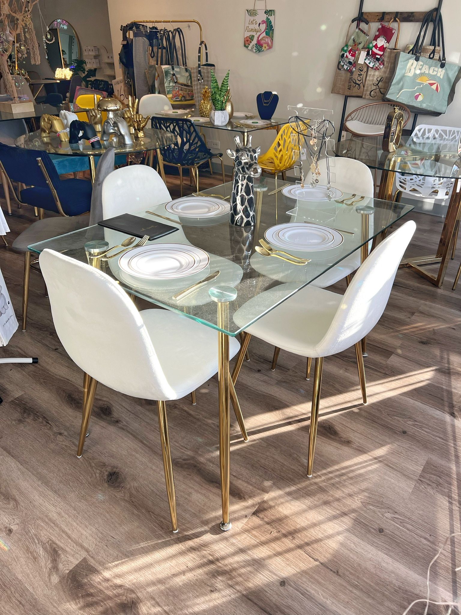 White Gold Dining Table Set For 4 Glass Metal