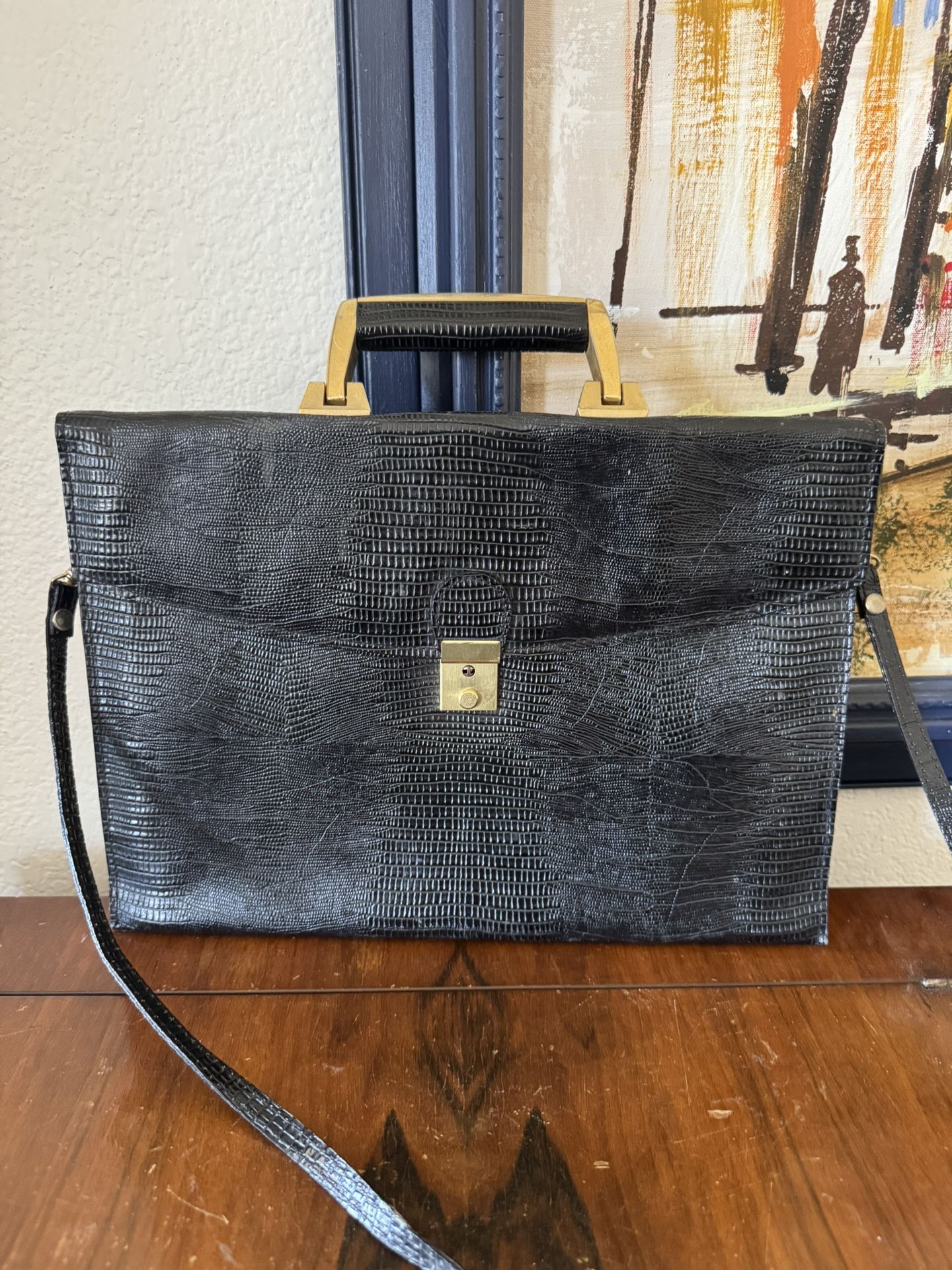 Vintage 1960’s Faux Crocodile Black Purse - Handle and Shoulder Strap