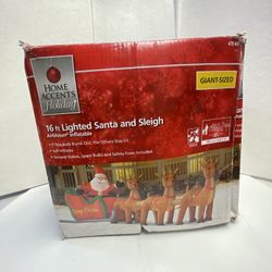 Home Accents Airblown Inflatable 16 ft Santa and Reindeer Sleigh With Box Gemmy