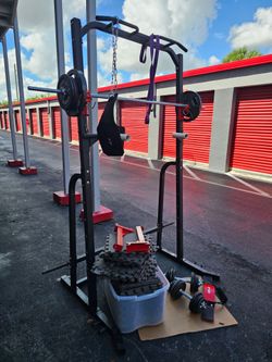 $225 Fitness accessories combo
Delivery for extra. Homestead 33033
Black steel power rack with pull-up bar, barbell loaded with plates on both sides,