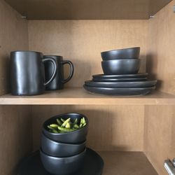 Black Bowls, Plates Mugs 