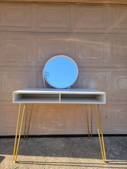 White Vanity Desk with Round Mirror and Gold Hairpin Legs