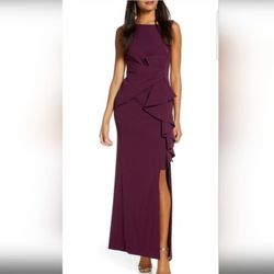 Eliza J Ruffle Front Gown in Wine Color