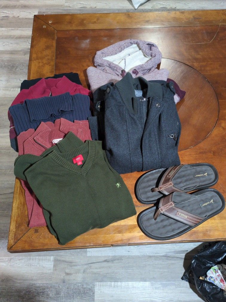 Various Men's Sweaters and Jackets, Flip Flops