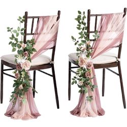 Ling's Moment Wedding Chair Decorations Aisle Pew Church Artificial Flower Chiffon Fabric 8 Dusty Rose Pink Cream Bench Ceremony Reception Floral Faux
