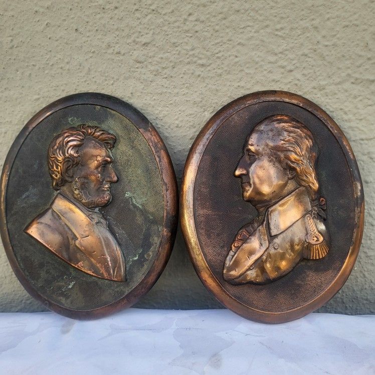 Abraham Lincoln & George Washington Oval Bust Wall Plaque RARE Brass / Bronze