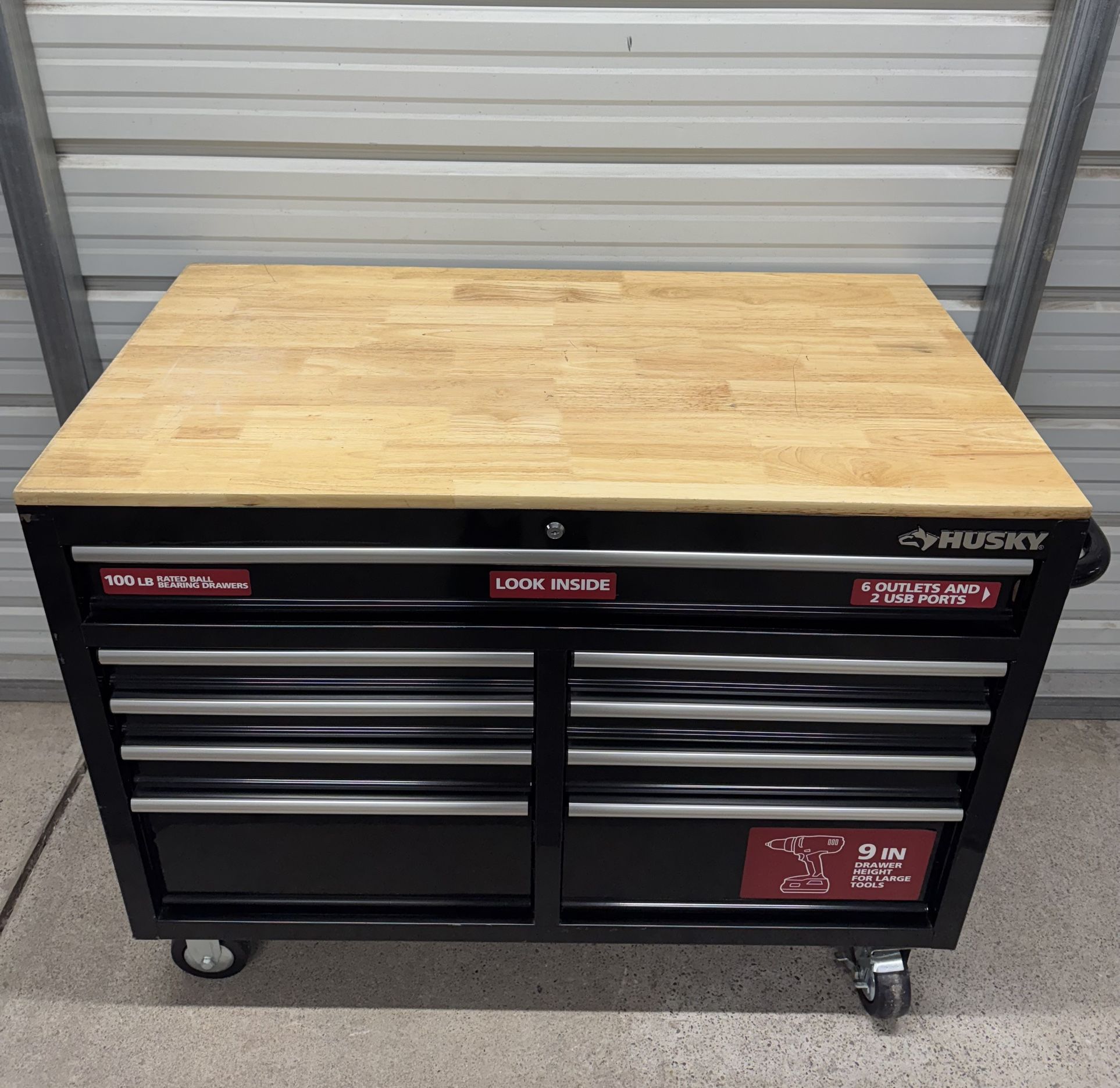 Husky Tool Storage 46 in. W x 18 in. D 9-Drawer Mobile Workbench Cabinet in Gloss Black