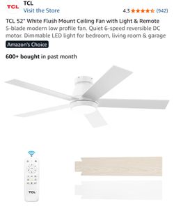 TCL 52" White Flush Mount Ceiling Fan with Light & Remote 5-blade modern